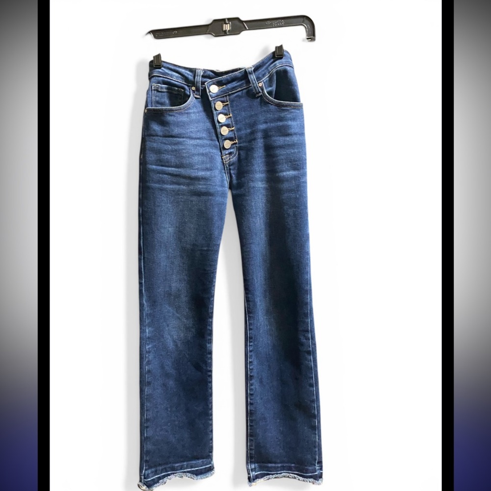 Risen Jeans High Rise Button Fly Straight Leg Raw Hem Size 26 Medium Was